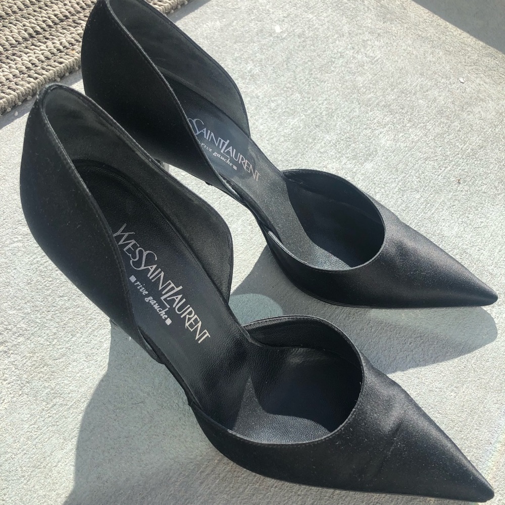 YSL Yves Saint Laurent black satin pumps
